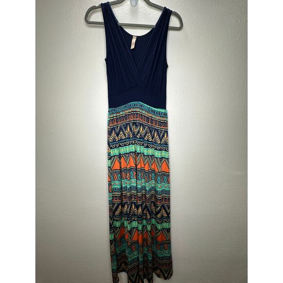 Gilli Navy Blue Teal Orange Multi Print Faux Wrap V-Neck Sleeveless Maxi Dress M - Picture 2 of 14